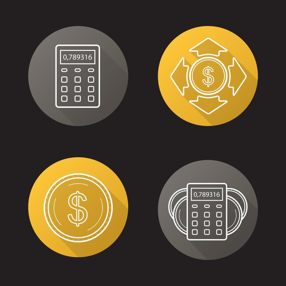 banca e finanças. conjunto de ícones de sombra longa plana linear. calculadora, moeda de um dólar, gastos de dinheiro, cálculos de renda. planejamento financeiro pessoal. ilustração de linha vetorial vetor