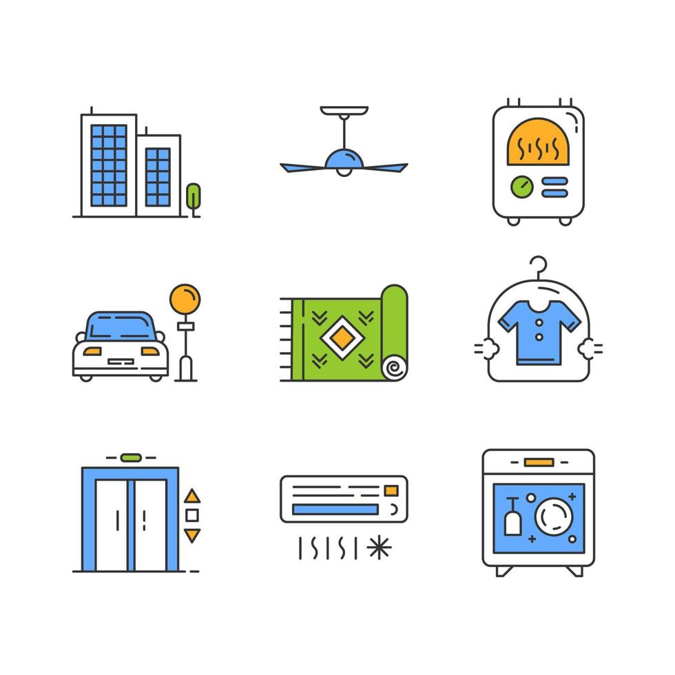 conjunto de ícones de cores de amenidades de apartamento. edifício de vários andares, lavagem a seco, estacionamento. sistema de ar condicionado, aquecedor central, elevador elevador, tapete, lava-louças. ilustrações vetoriais isoladas vetor