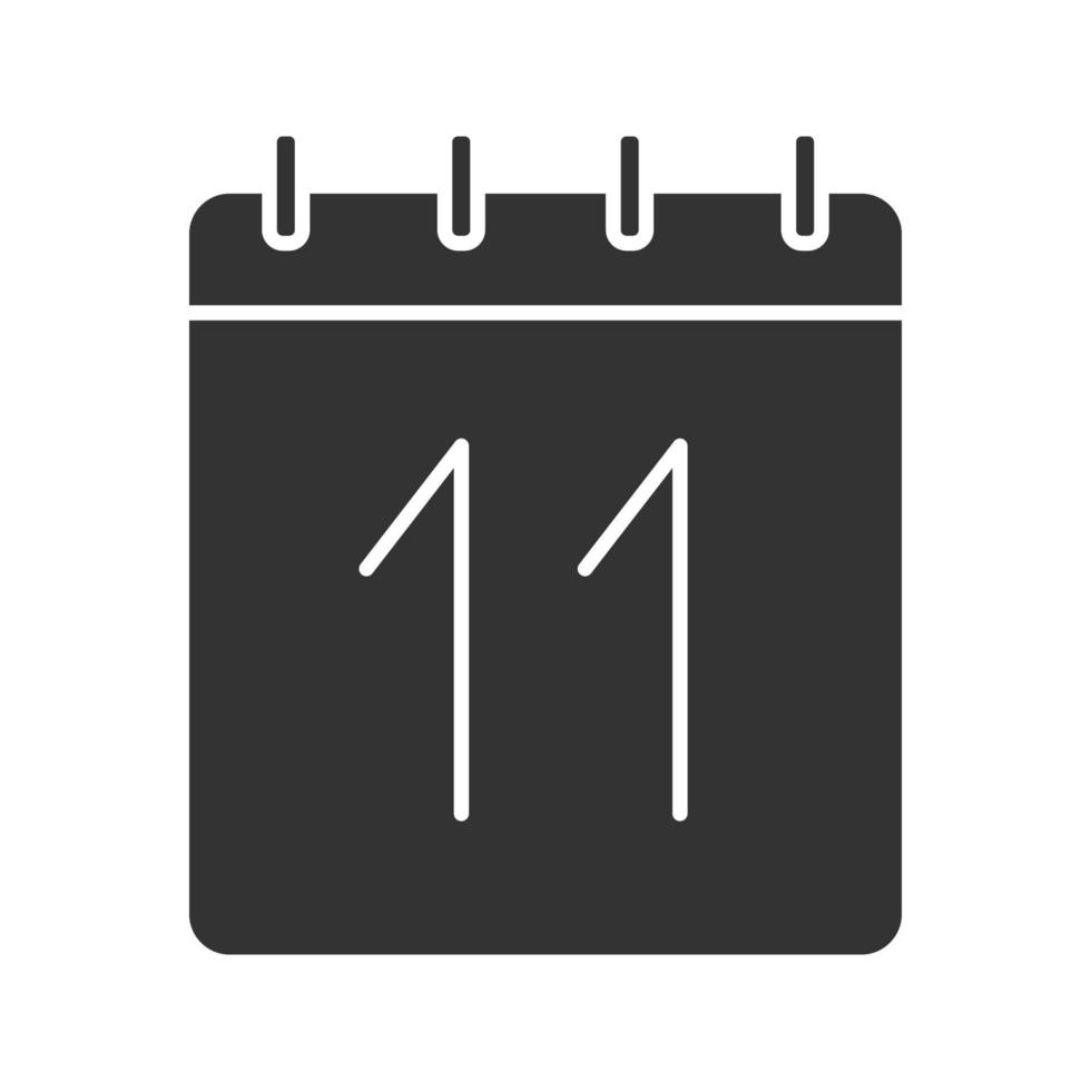 ícone de glifo do décimo primeiro dia do mês. calendário de parede com 11 letreiros. símbolo de silhueta de data. espaço negativo. ilustração isolada do vetor