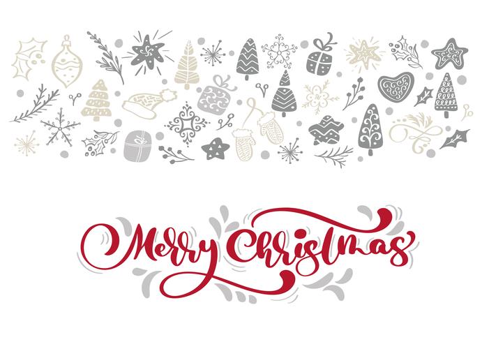 Texto vermelho do vetor da rotulação da caligrafia do Feliz Natal com elementos do xmas do inverno no estilo escandinavo. Tipografia criativa para cartão Holiday Greeting Poster