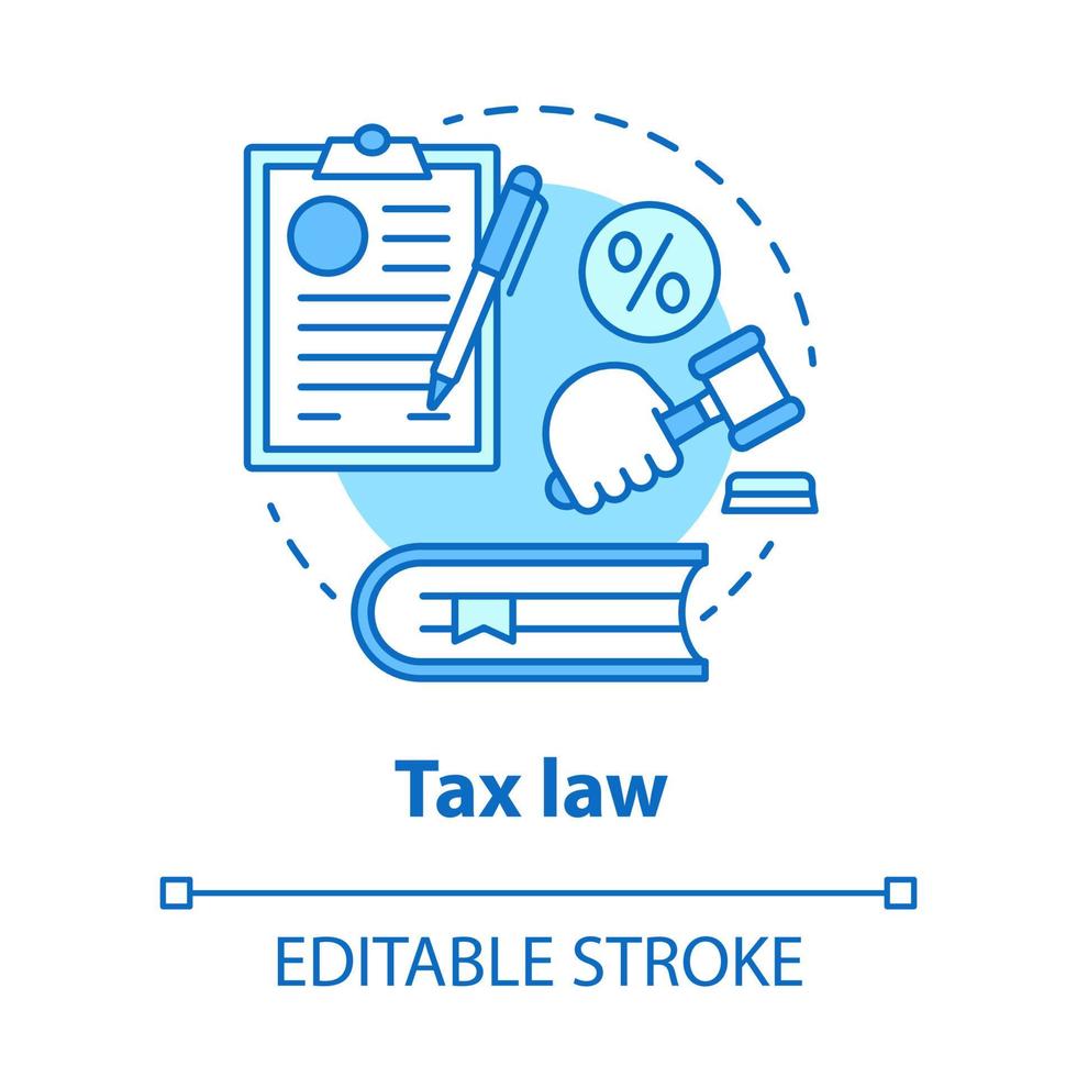 ícone do conceito azul de direito tributário. ilustração de linha fina de ideia de veredicto financeiro. legislação e regulamentação fiscal. crime econômico. julgamento do contribuinte. desenho de contorno isolado do vetor. curso editável vetor