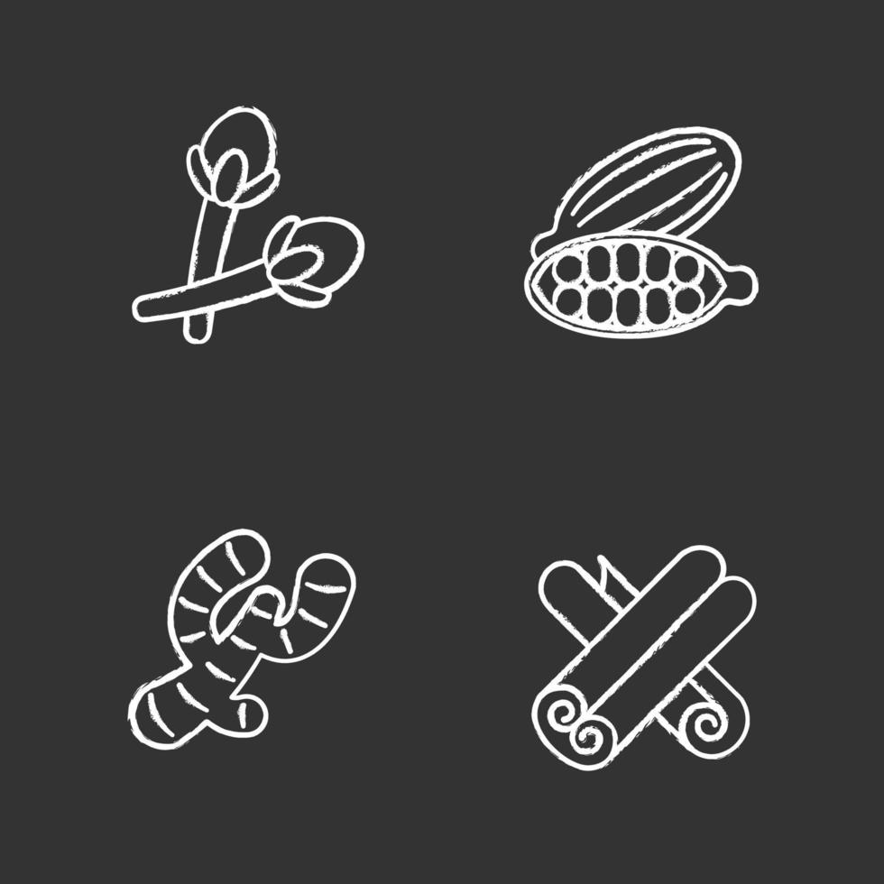 conjunto de ícones de giz de especiarias. cravo, cardamomo, gengibre, canela. ilustrações vetoriais isoladas em quadro-negro vetor