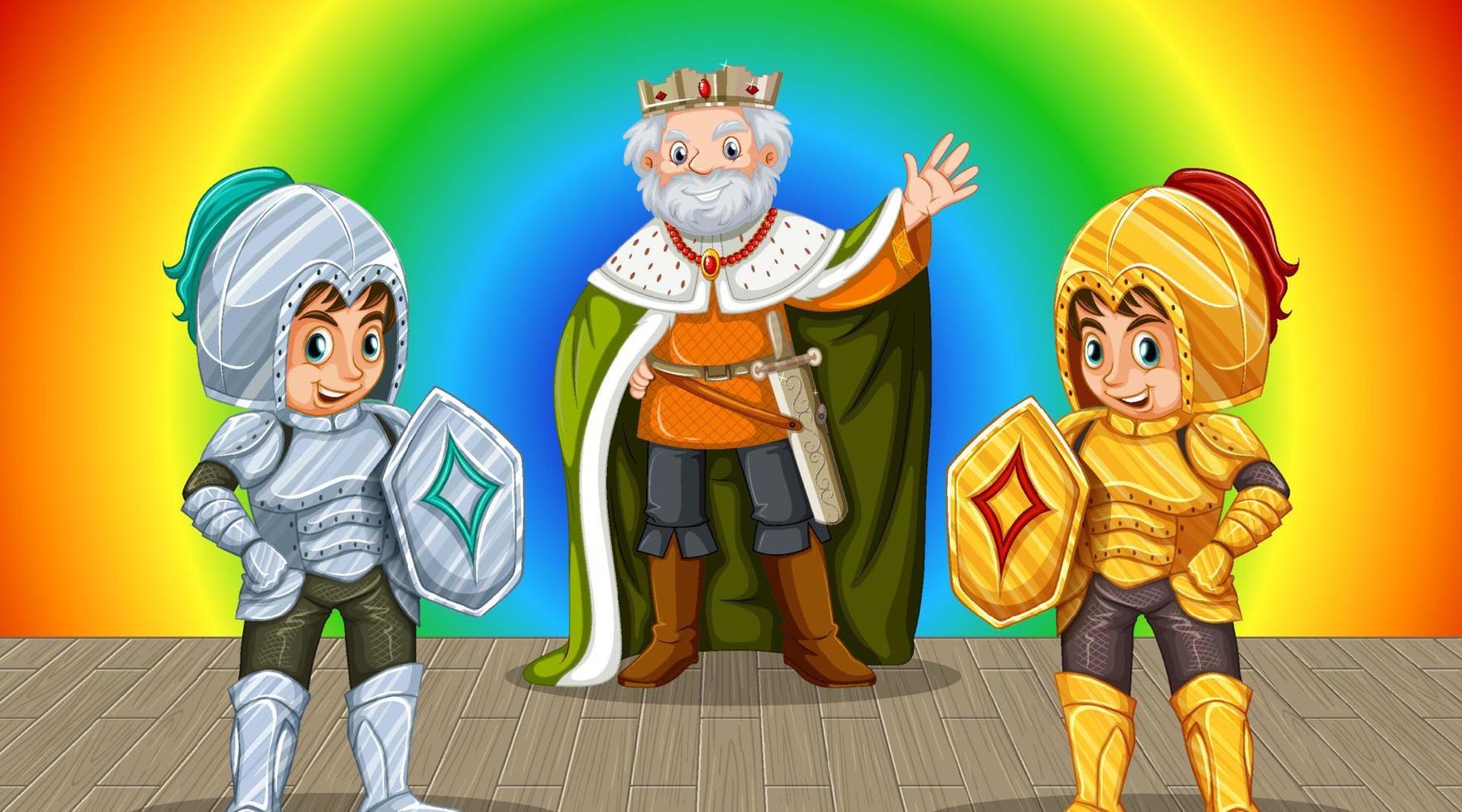 o personagem de desenho animado do rei e dois guerreiros em fundo gradiente de arco-íris vetor