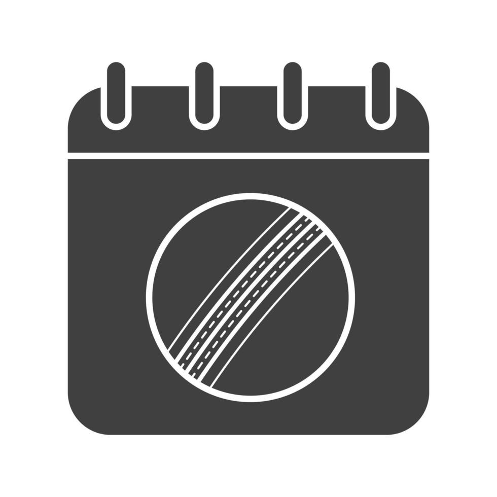 ícone de glifo de data do campeonato de críquete. símbolo da silhueta. página do calendário com bola de críquete. espaço negativo. ilustração isolada do vetor