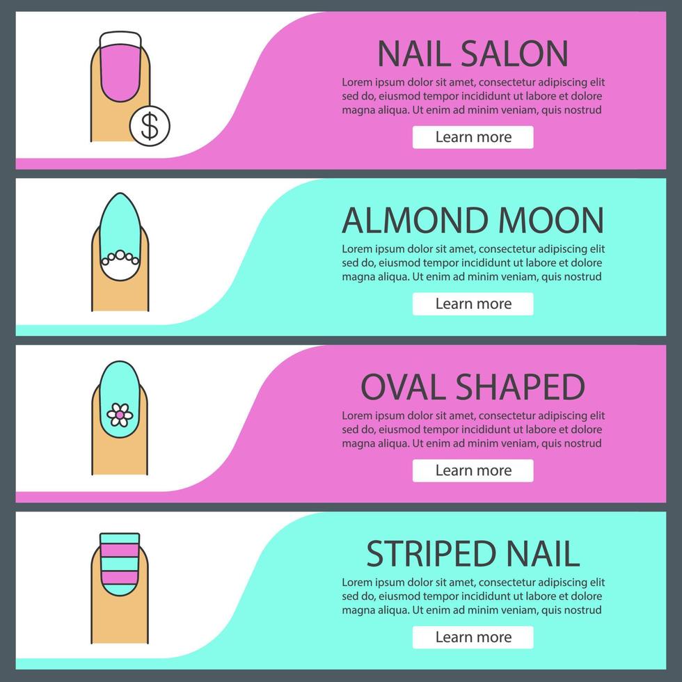 conjunto de modelos de banner da web de manicure. lua de amêndoa e manicure listrada, unhas com cifrão e flor. itens de menu de cores do site. conceitos de design de cabeçalhos de vetor