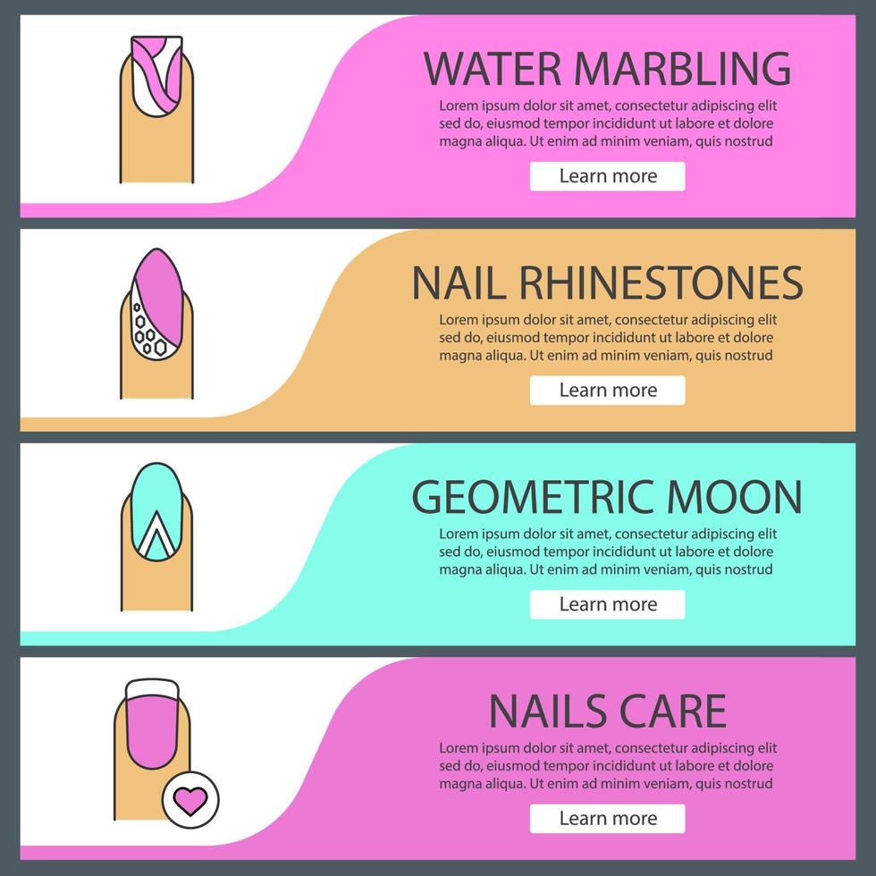 conjunto de modelos de banner da web de manicure. marmoreio de água, strass, manicure geométrica da lua, unha com formato de coração. itens de menu de cores do site. conceitos de design de cabeçalhos de vetor