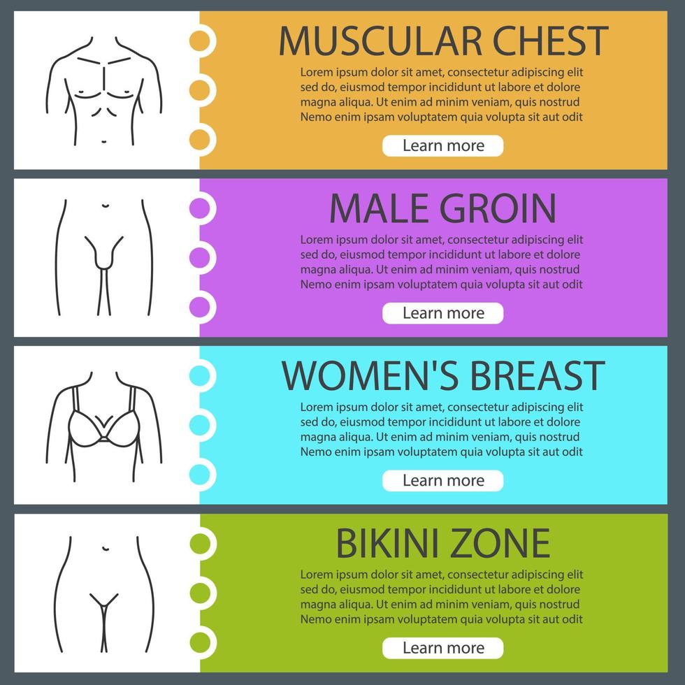 conjunto de modelos de banner da web de partes do corpo humano. peito musculoso do homem, virilha masculina, seio feminino e zona do biquíni. itens de menu de cores do site com ícones lineares. conceitos de design de cabeçalhos de vetor