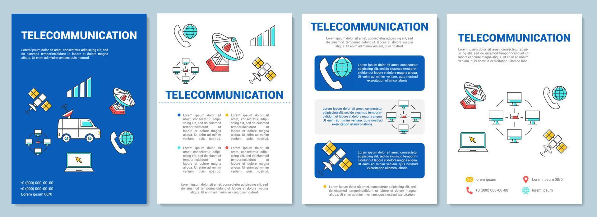 layout de modelo da indústria de telecomunicações. folheto, livreto, design de impressão de folheto com ilustrações lineares. transmissão de mídia. layouts de página de vetor para revistas, relatórios anuais, pôsteres de publicidade