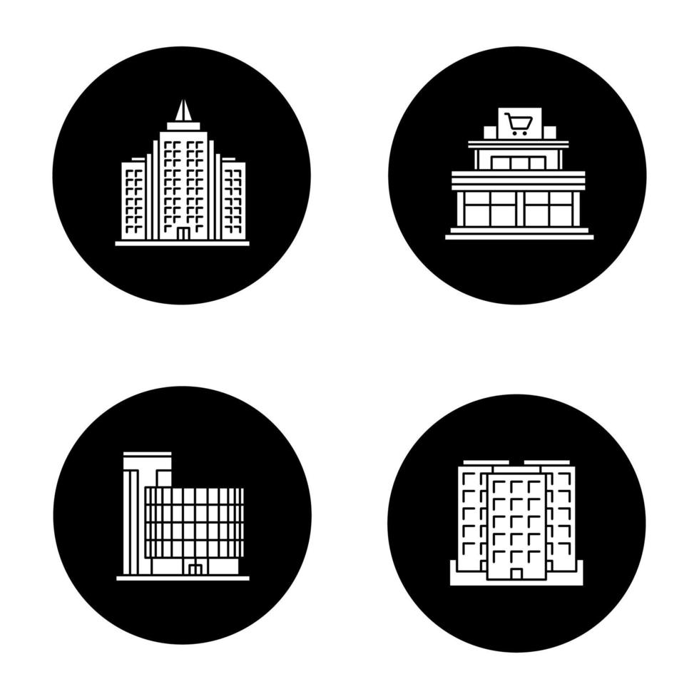 conjunto de ícones de glifo de edifícios da cidade. shopping center, business center, arranha-céu, prédio de vários andares. Ilustrações vetoriais de silhuetas brancas em círculos pretos vetor