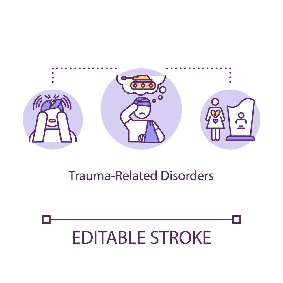 ícone do conceito de transtornos relacionados ao trauma. ilustração de linha fina de ideia de doença mental. problemas psicológicos. estresse pós-traumático. desenho de cor rgb de contorno isolado de vetor. curso editável vetor