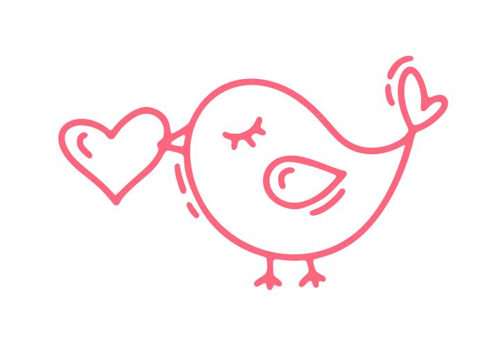 Pássaro bonito Monoline vermelho com coração. Vector dia dos namorados mão desenhada ícone. Valentim do elemento do projeto da garatuja do esboço do feriado. decoração de amor para web, casamento e impressão. Ilustração isolada