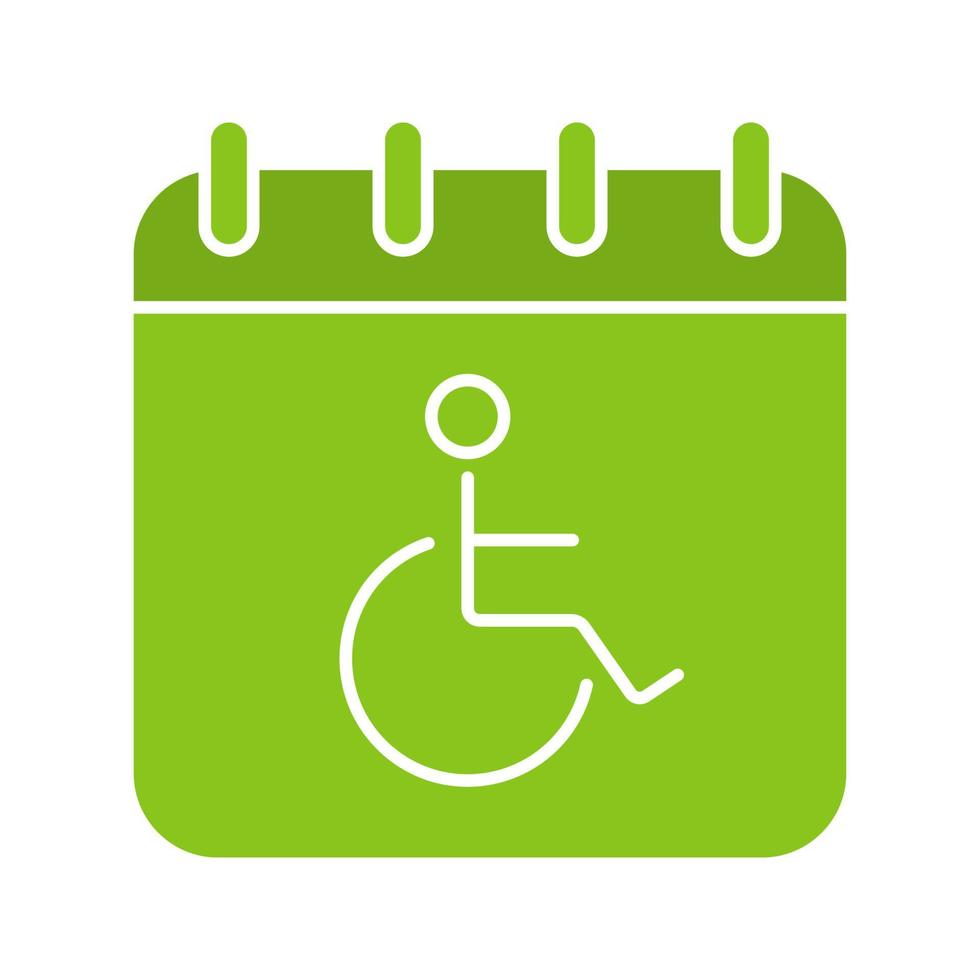 ícone da cor do glifo do dia da deficiência. página do calendário com cadeirantes. símbolo de silhueta em fundo branco. espaço negativo. ilustração vetorial vetor