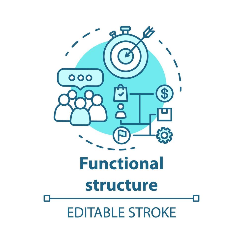 ícone do conceito de estrutura corporativa funcional. ilustração de linha fina de ideia de estratégia de negócios. gestão e organização do fluxo de trabalho. Campanha de Marketing. desenho de contorno isolado do vetor. curso editável vetor