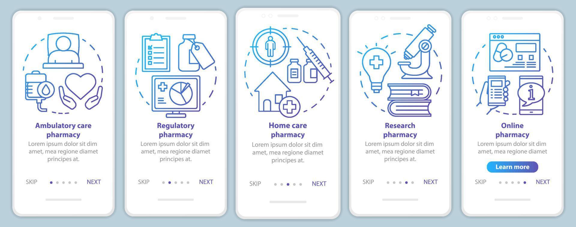 modelo de vetor de tela de página de aplicativo móvel de integração de farmácia de atendimento ambulatorial e domiciliar. pesquisa de drogas. passo a passo do site com ilustrações lineares. conceito de interface de smartphone ux, ui, gui