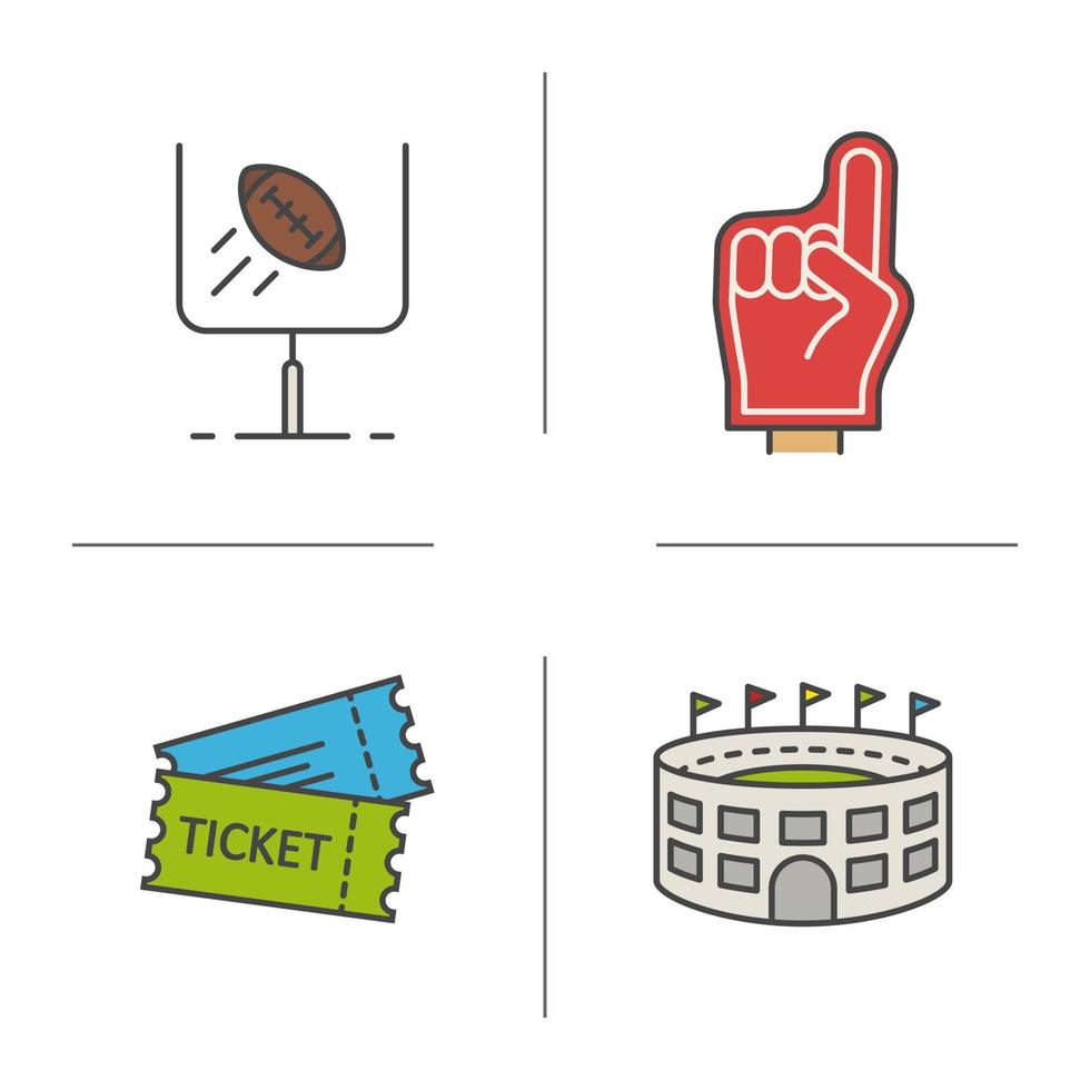 conjunto de ícones de cores de futebol americano. dedo de espuma vermelha, ingressos para jogos, arena de beisebol, sinal do gol. ilustrações vetoriais isoladas vetor