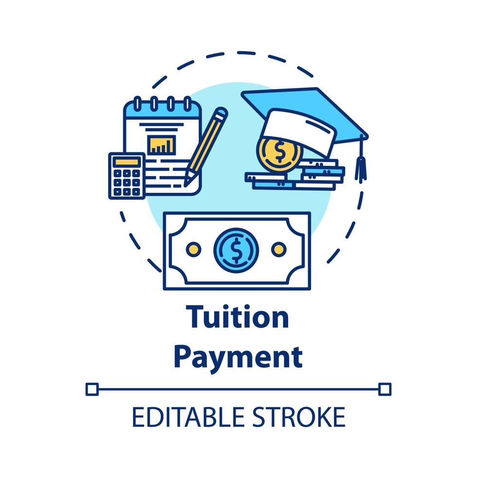 ícone do conceito de pagamento de mensalidades. custo da educação. subvenção financeira. investimento em conhecimento. contando ilustração de linha fina de ideia de fundo de poupança de faculdade. desenho de contorno isolado do vetor. curso editável vetor