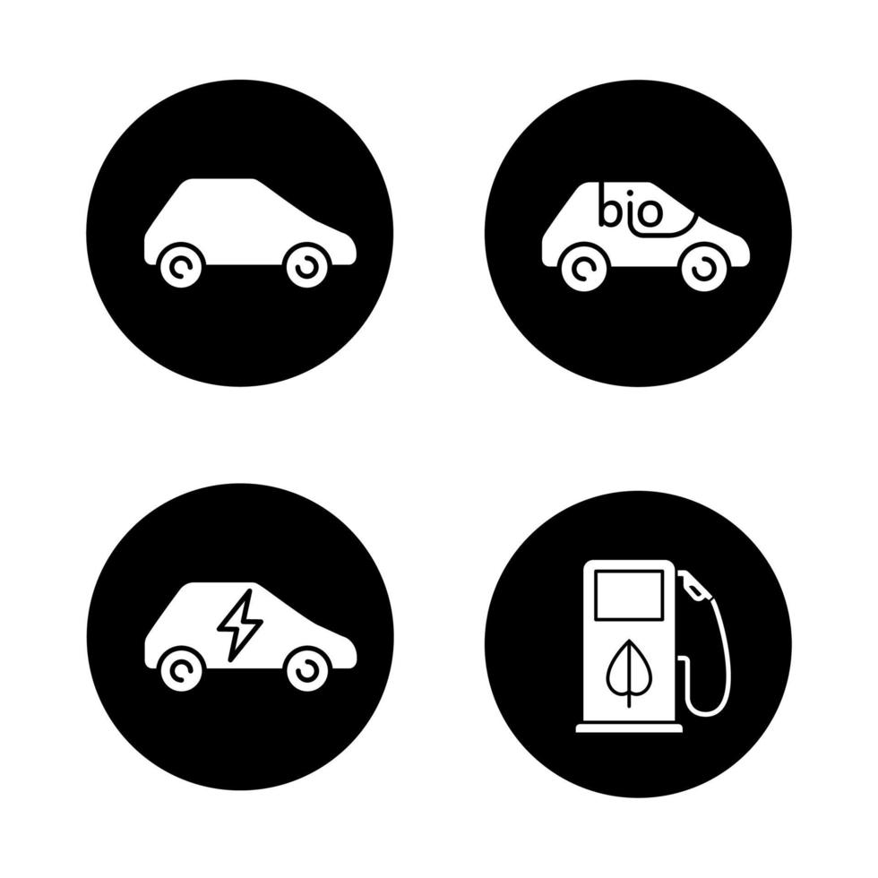 Conjunto de ícones de carros ecológicos. bio, veículos elétricos, conceito de combustível ecológico. Ilustrações vetoriais de silhuetas brancas em círculos pretos vetor