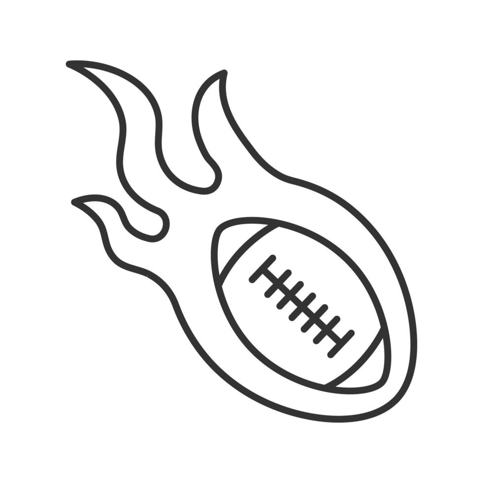 queimando o ícone linear de bola de rugby. ilustração de linha fina. símbolo de contorno. desenho de contorno isolado de vetor