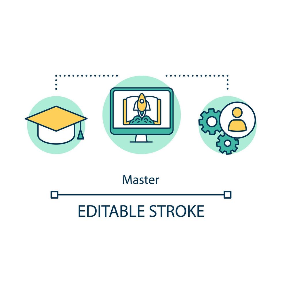 ícone do conceito mestre. trabalhador profissional. teoria e prática na profissão. usando conhecimento e experiência em ilustração de linha fina de ideia de trabalho. desenho de contorno isolado do vetor. curso editável vetor