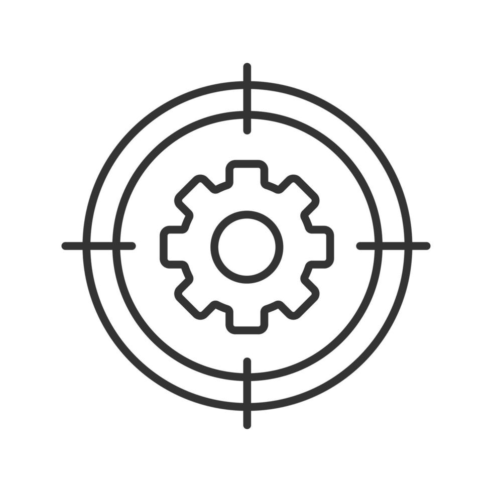 aponte no ícone linear da roda dentada. configurações de pesquisa, opções de ilustração de linha fina. engenheiro encontrar símbolo de contorno. desenho de contorno isolado de vetor