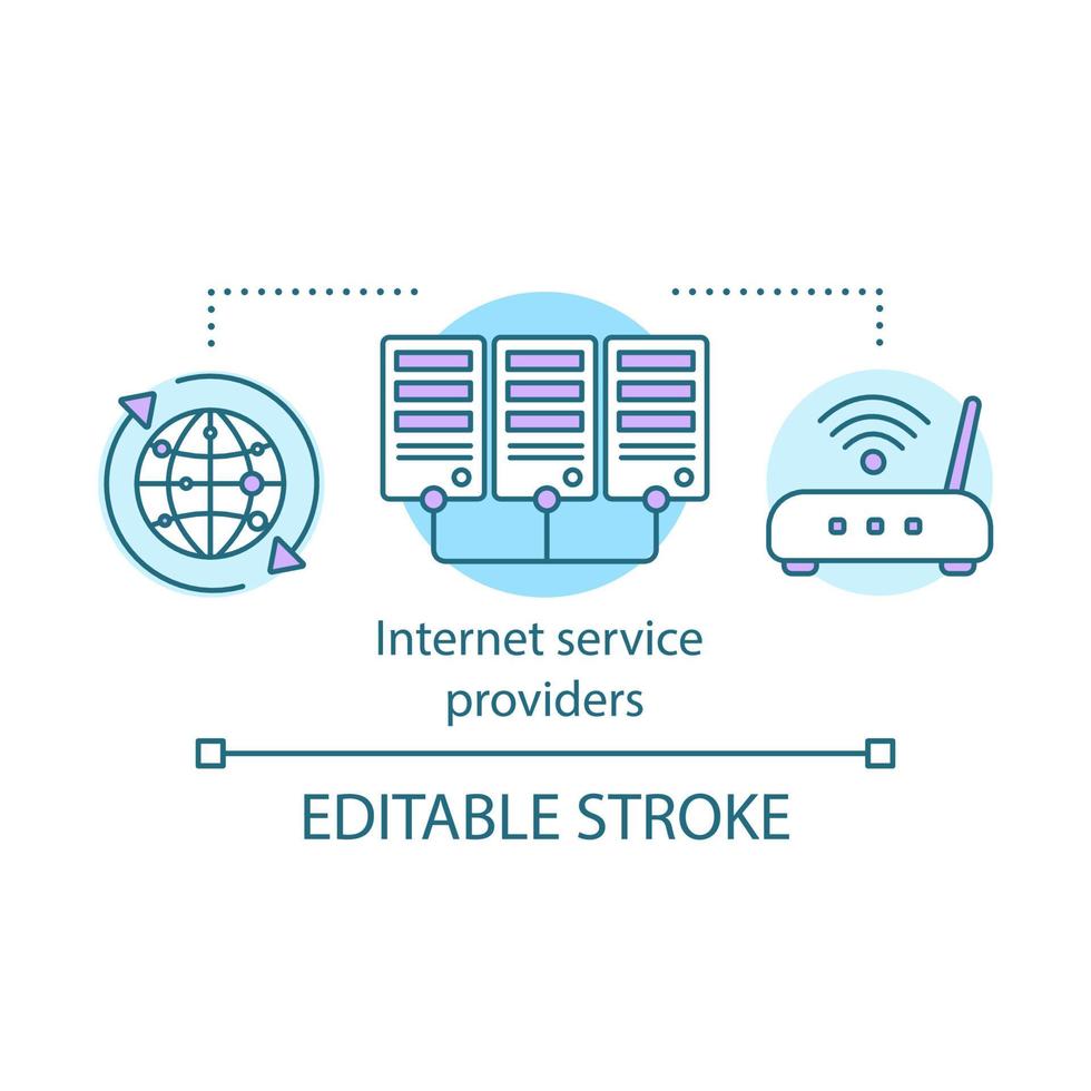 ícone do conceito de provedores de serviços de Internet. ilustração de linha fina da ideia do centro de processamento de dados. conexão sem fio, informações de fluxo, em todo o mundo. desenho de contorno isolado do vetor. curso editável vetor