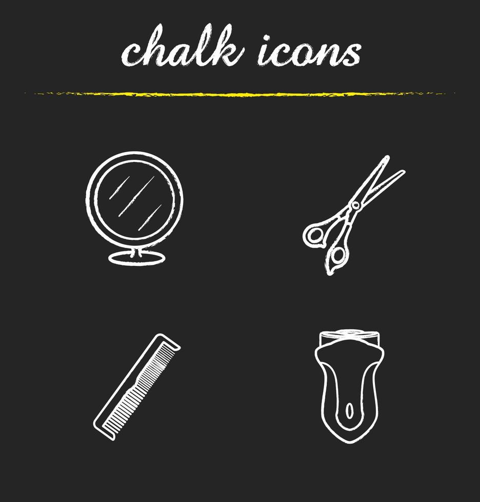 conjunto de ícones de giz de acessórios de barbearia. espelho de mesa, tesoura, pente, barbeador elétrico. ilustrações vetoriais isoladas em quadro-negro vetor