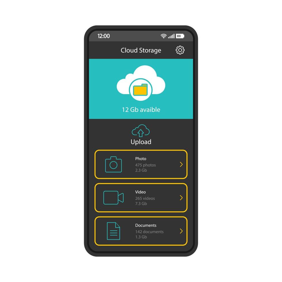 modelo de vetor de interface de smartphone de aplicativo de armazenamento em nuvem
