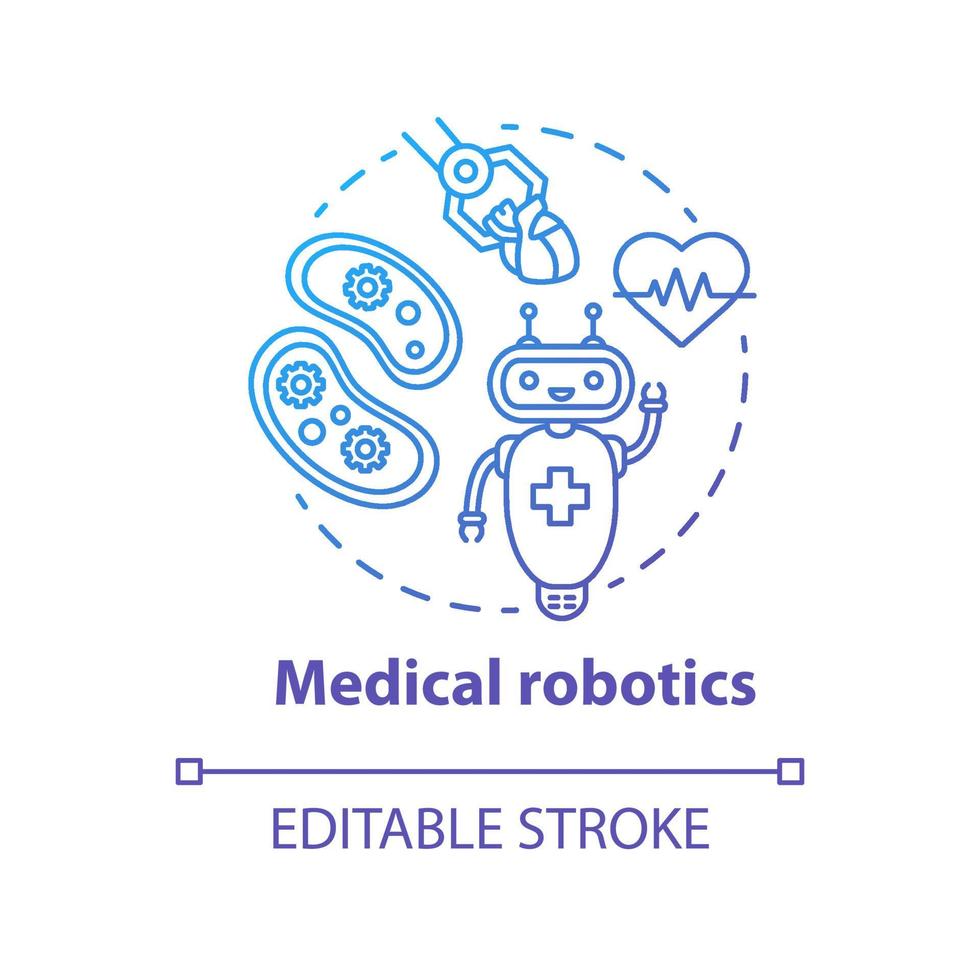 ícone do conceito gradiente azul da robótica médica. ilustração de linha fina de idéia de máquinas de computador de cuidados de saúde. tipos de robôs. sistema hospitalar inovador. desenho de contorno isolado do vetor. curso editável vetor