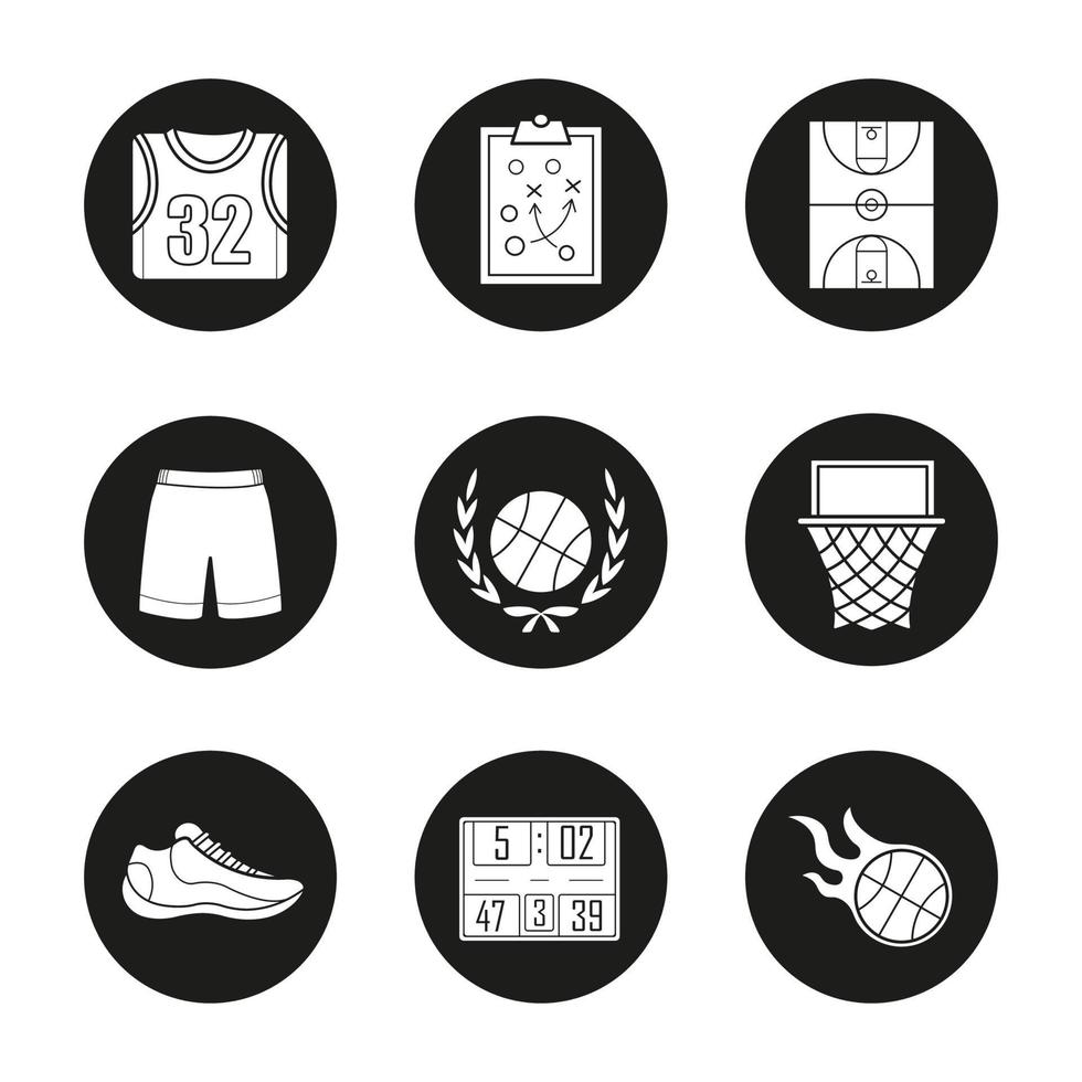 conjunto de ícones de basquete. camisa, shorts e sapato, plano de jogo, campo, aro, bola em chamas, placar. Ilustrações vetoriais de silhuetas brancas em círculos pretos vetor