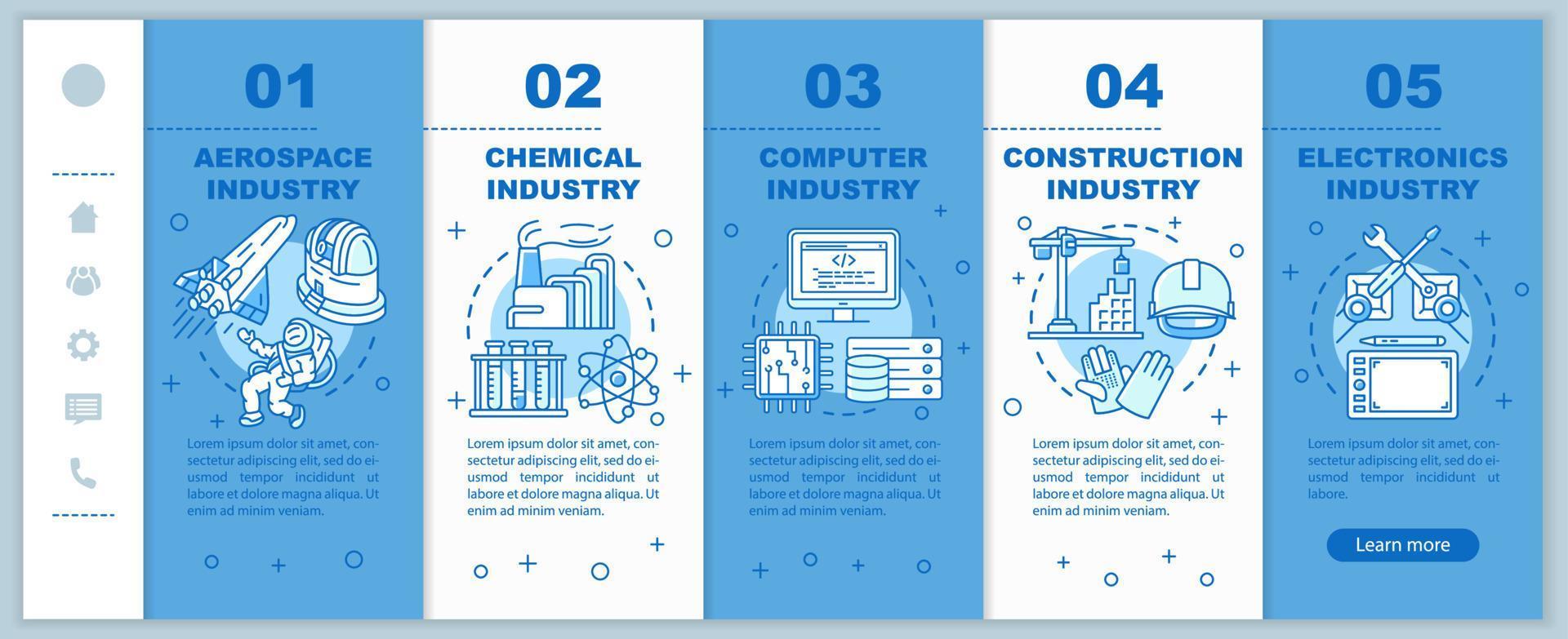 pesquisa, indústrias de manufatura que integram o modelo de vetor de páginas da web para celular. ideia de interface de site de smartphone responsivo com ilustrações lineares. telas de passo a passo da página da web. conceito de cor