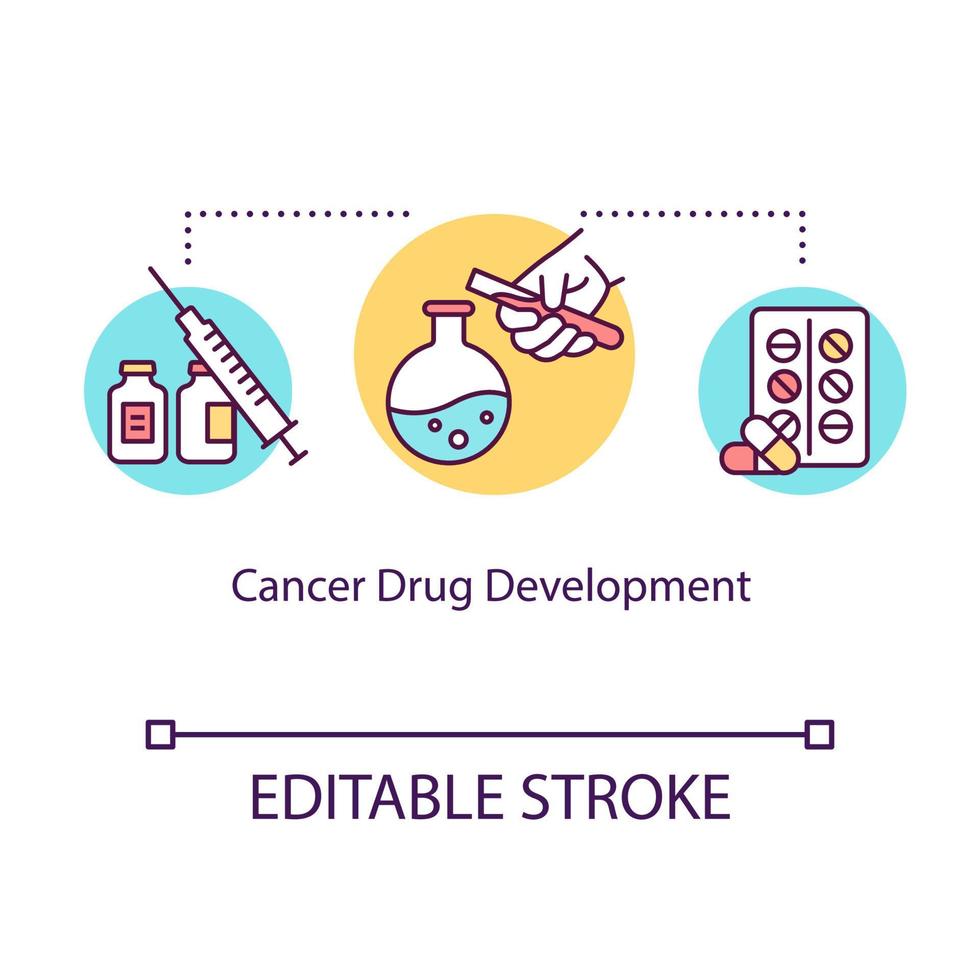 ícone do conceito de desenvolvimento de drogas contra o câncer. Ilustração de linha fina de ideia de tratamento de oncologia. Medicina. terapia de comprimidos. farmacologia. pesquisa de laboratório médico. desenho de cor rgb isolado do vetor. curso editável vetor