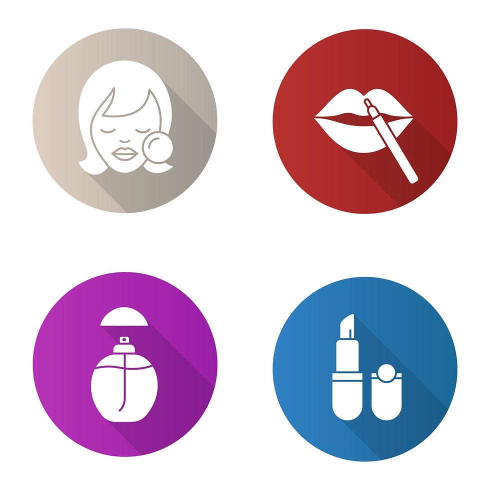 cosméticos design plano conjunto de ícones de glifo de sombra longa. mulher com esponja de maquiagem, lápis, batom, perfume, pomada. ilustração da silhueta do vetor