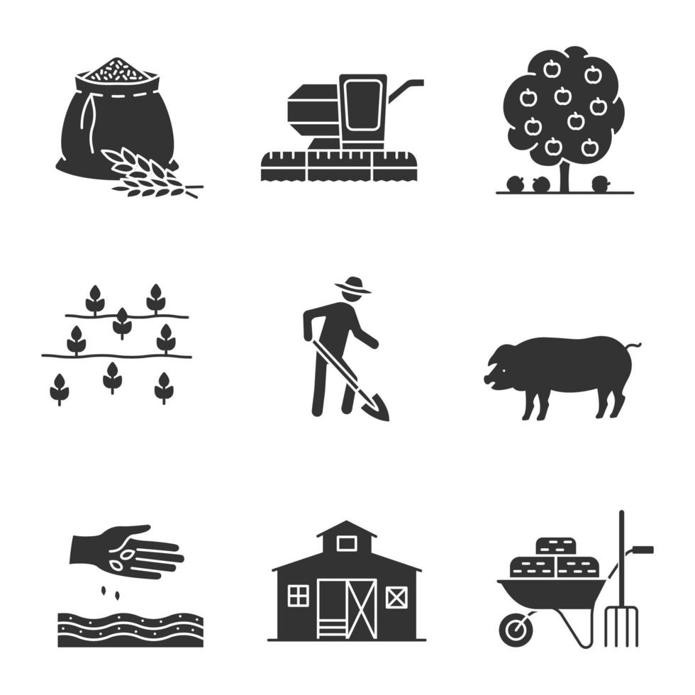 conjunto de ícones de glifo de agricultura. agricultura símbolos de silhueta. saco de farinha, colheitadeira, árvore frutífera, campo, fazendeiro com pá, porco, celeiro, semeadura, carrinho de mão com feno. ilustração isolada do vetor