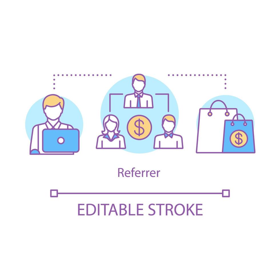 ícone do conceito de referência. ilustração de linha fina de ideia de ferramentas de marketing de referência. indique um Amigo. marketing de influenciador, smm. atração do cliente. desenho de contorno isolado do vetor. curso editável vetor