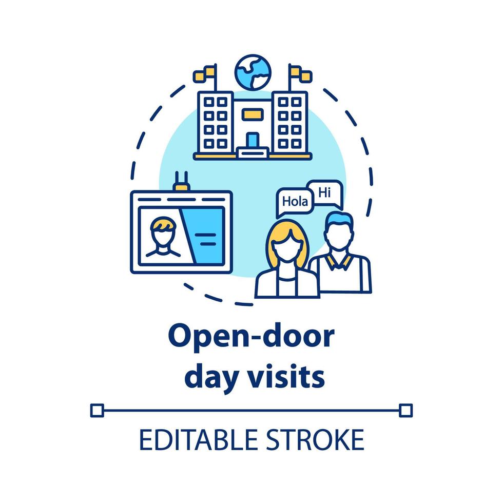 ícone de conceito de visitas de dia de porta aberta. apresentação de universidade internacional. convite de estudo. ilustração de linha fina de ideia de entrada de universidade. desenho de contorno isolado do vetor. curso editável vetor