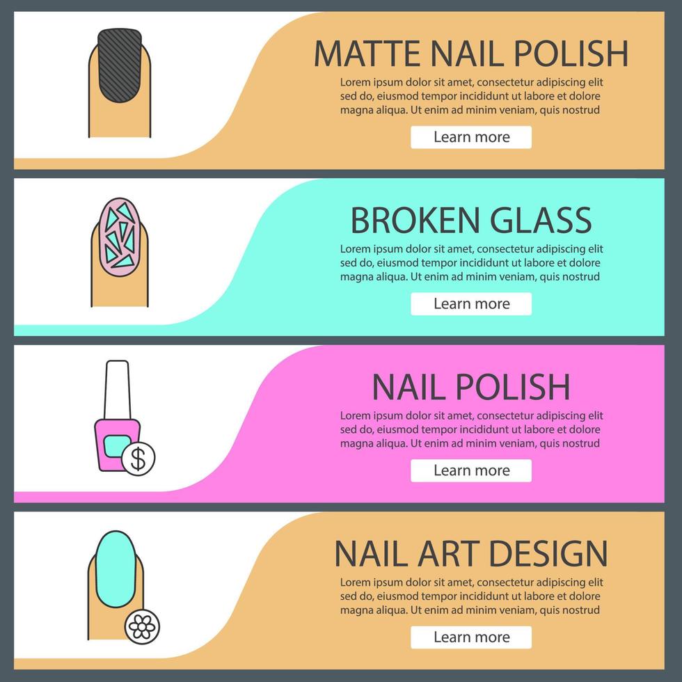 conjunto de modelos de banner da web de manicure. frasco de esmalte com cifrão e flor, manicure de vidro fosco e quebrado. itens de menu de cores do site. conceitos de design de cabeçalhos de vetor