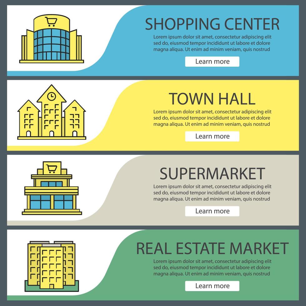 conjunto de modelos de banner da web de edifícios da cidade. shopping, prefeitura, supermercado, prédio de vários andares. itens de menu de cores do site. conceitos de design de cabeçalhos de vetor