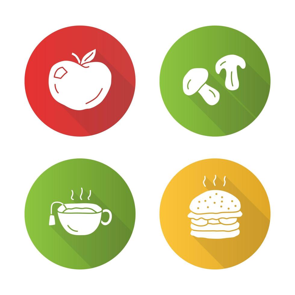 delicioso almoço design plano conjunto de ícones de glifo de sombra longa. chá quente, maçã madura, hambúrguer e cogumelos ilustração em vetor silhueta. saboroso café da manhã, fast food e bebida. nutrição saudável e prejudicial