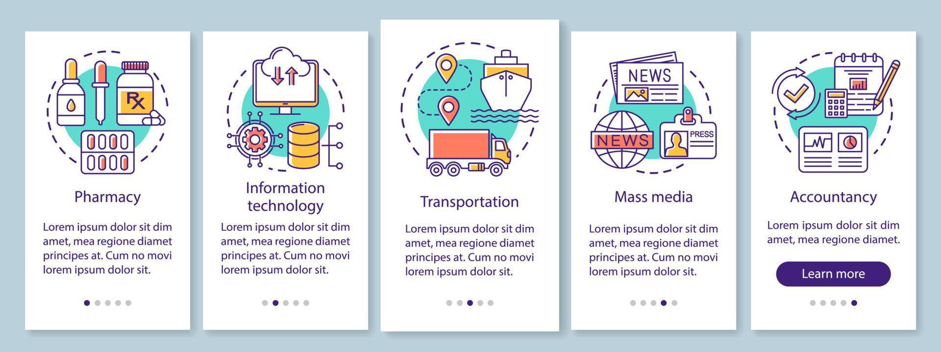 indústrias de serviços integrando a tela da página do aplicativo móvel com conceitos lineares. mídia, tecnologia da informação. cinco etapas passo a passo de instruções gráficas. modelo de vetor ux, ui, gui com ilustrações