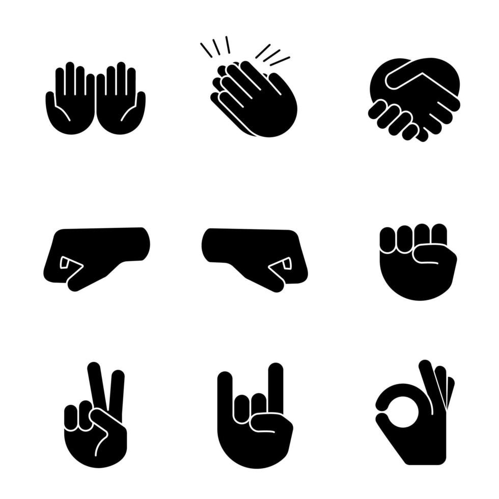 conjunto de ícones de glifo de emojis de gesto de mão vetor