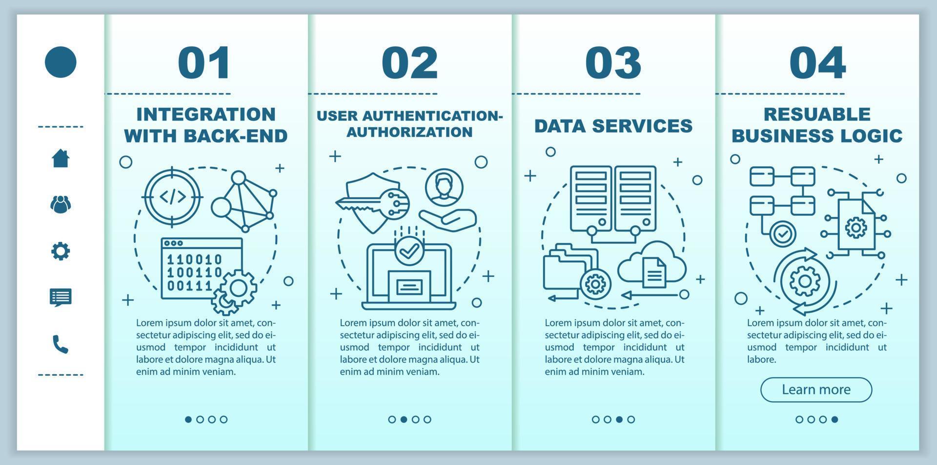 integração com modelo de vetor de páginas da web móvel onboarding back-end. ideia de interface de site de smartphone responsivo com ilustrações lineares. telas de passo a passo da página da web. conceito de cor