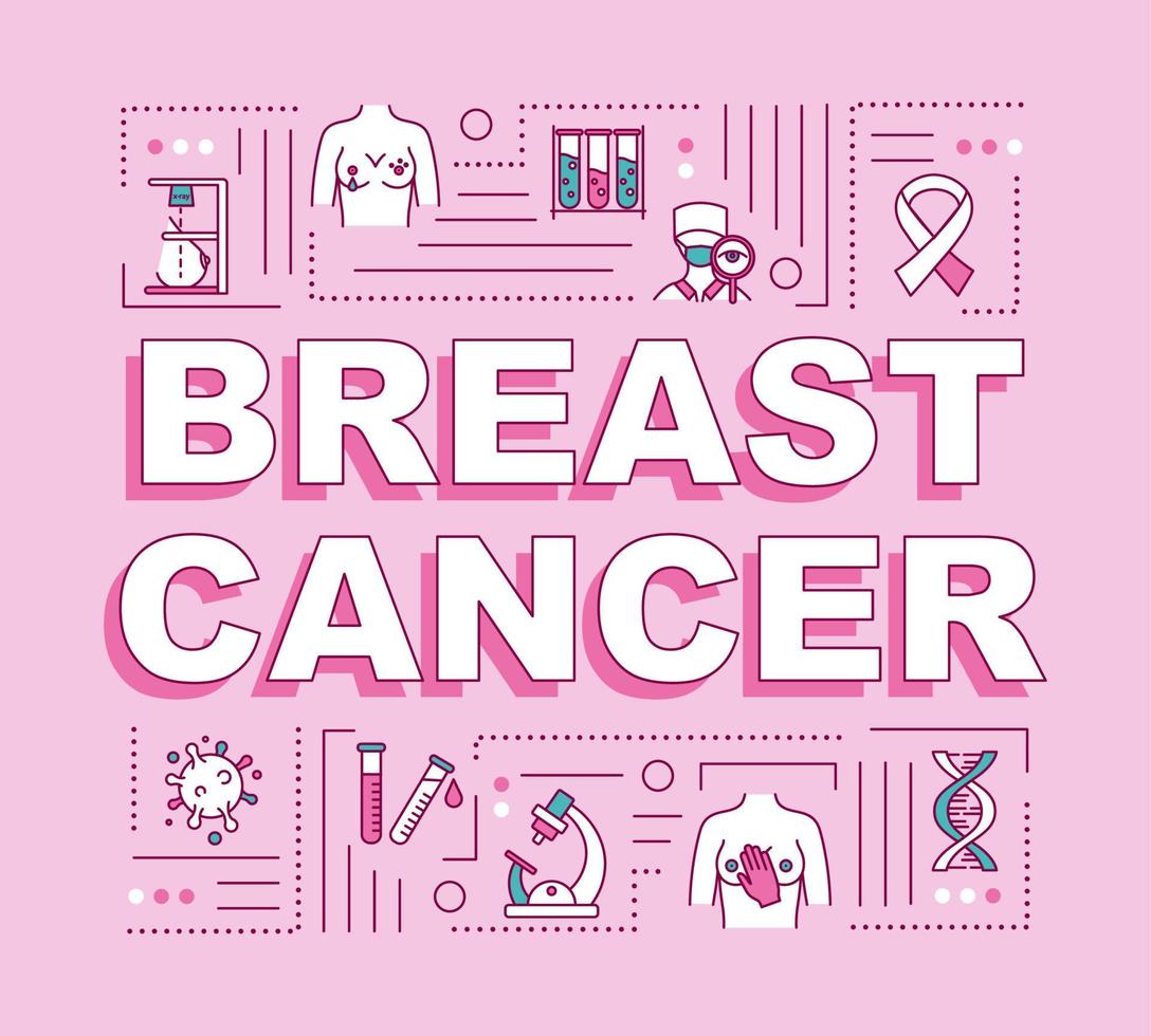 banner de conceitos de palavra de câncer de mama. diagnóstico oncológico feminino, tratamento. infográficos com ícones lineares em fundo rosa. tipografia isolada. contorno vetorial ilustração colorida rgb vetor
