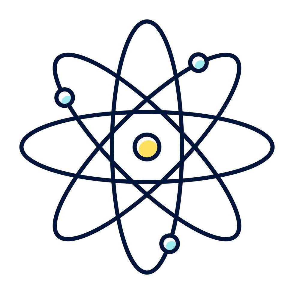 ícone de cor do átomo da molécula. fonte de energia nuclear. núcleo do átomo com órbitas de elétrons. símbolo da ciência. física quântica. modelo de partícula. química orgânica. ilustração vetorial isolada vetor
