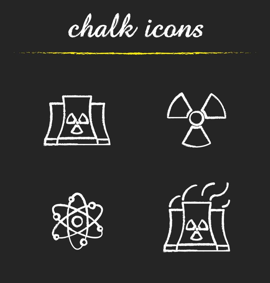 conjunto de ícones de giz de energia atômica. usina nuclear com símbolos de fumaça, radiação e átomo. ilustrações vetoriais isoladas em quadro-negro vetor