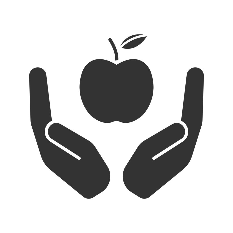 palmas das mãos abertas com o ícone de glifo da apple. comida orgânica. símbolo da silhueta. produtos ecológicos. espaço negativo. ilustração isolada do vetor