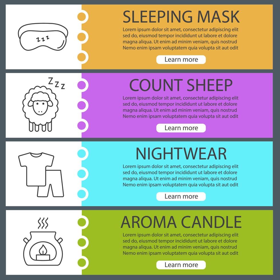 conjunto de modelos de banner da web de acessórios para dormir. ovelha, vela aromática, pijama, máscara para dormir. itens de menu de cores do site com ícones lineares. conceitos de design de cabeçalhos de vetor