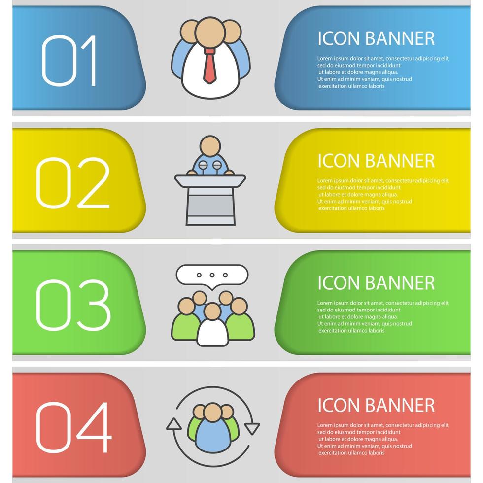 conjunto de modelos de banner de negócios. gerente de topo, palestrante de conferência, trabalho em equipe, gerenciamento de equipe. itens de menu do site. banner de cor da web. conceitos de design de cabeçalhos de vetor