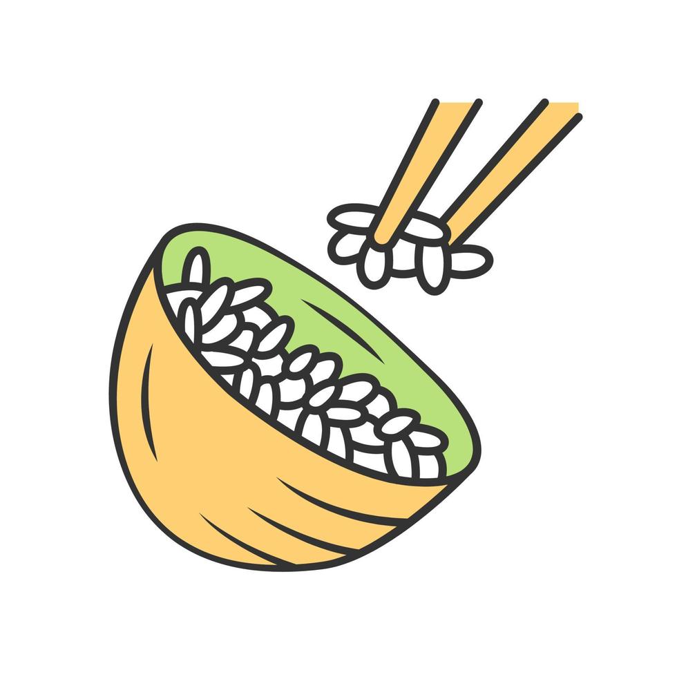 ícone de cor de arroz. comida japonesa. tigela com arroz branco. sushi, ingrediente de rolinhos primavera. alimentos naturais e orgânicos. cozinha italiana, risoto. louça de cozinha. ilustração vetorial isolada vetor