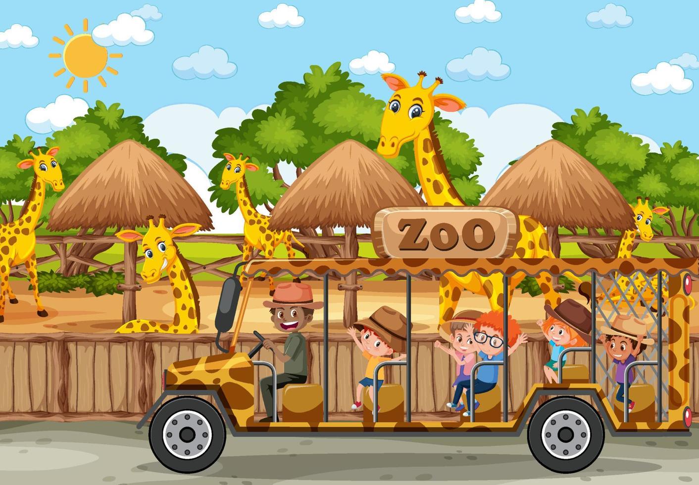 crianças em carro de turismo assistindo grupo de girafas na cena do zoológico vetor