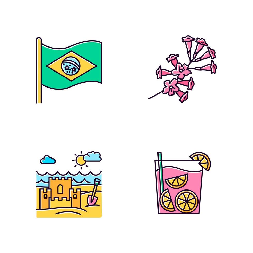 Conjunto de ícones de cor Brasil rosa rgb. bandeira nacional. plumeria. Caipirinha. castelo de areia na costa. coquetel tradicional. praia do oceano. ilustrações vetoriais isoladas vetor